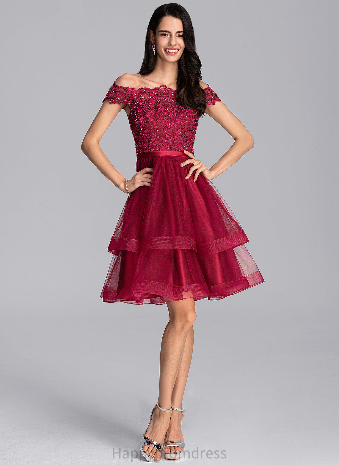 Knee-Length A-Line Tulle Dress With Homecoming Elle Lace Homecoming Dresses Off-the-Shoulder Sequins Beading