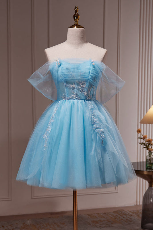 Blue Off The Shoulder Beading Appliques Tulle Short Homecoming Dresses