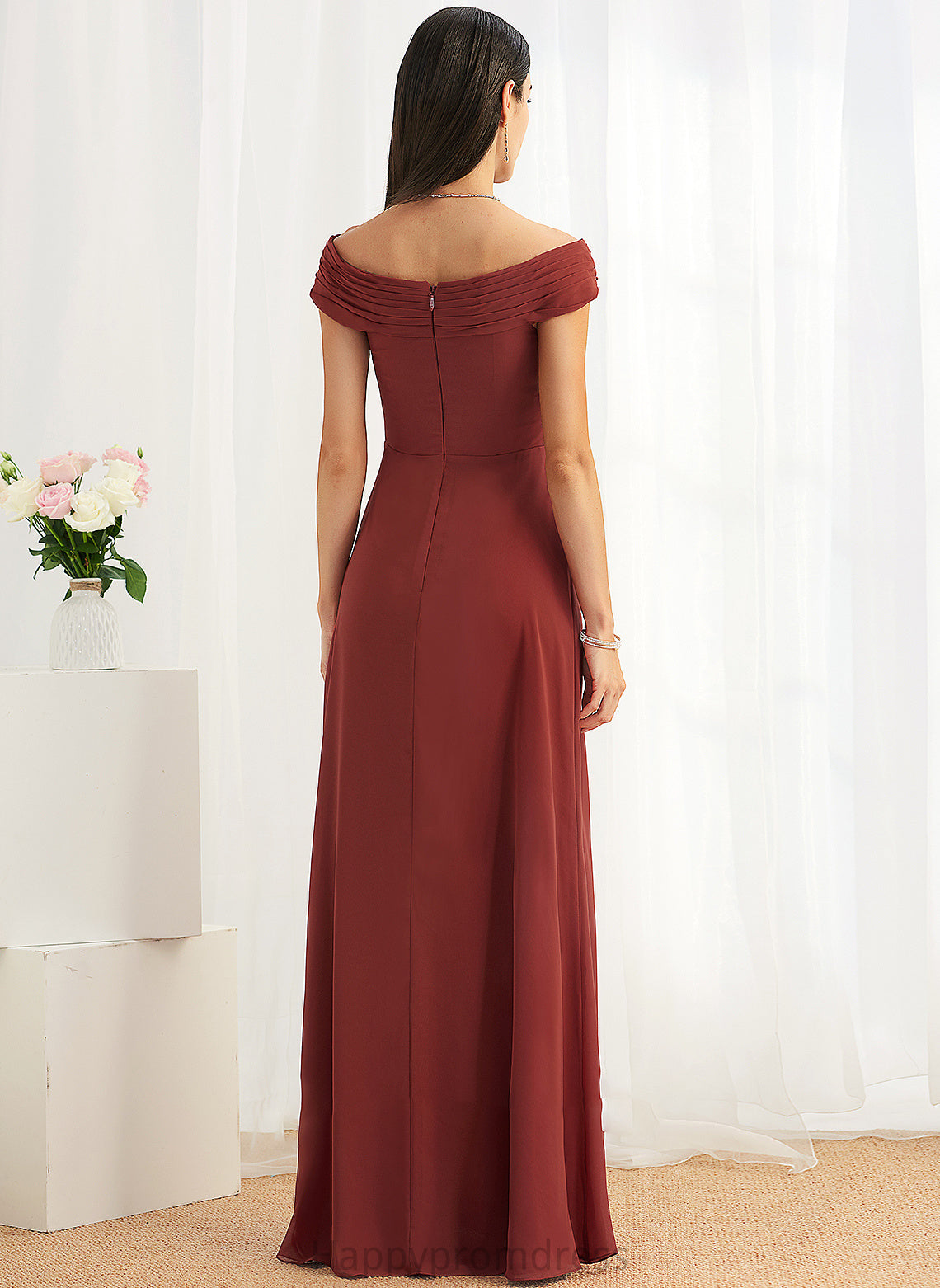 Floor-Length Silhouette Off-the-Shoulder Neckline Fabric Embellishment Ruffle Sheath/Column Length Stacy Scoop Natural Waist Bridesmaid Dresses