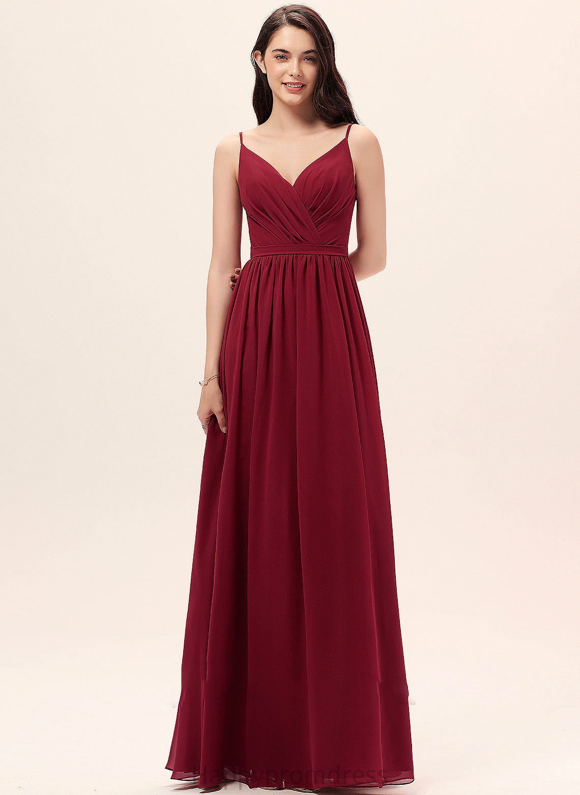 Ruffle Length Fabric V-neck Neckline Floor-Length Embellishment Lace Silhouette A-Line Desiree Sleeveless Bridesmaid Dresses