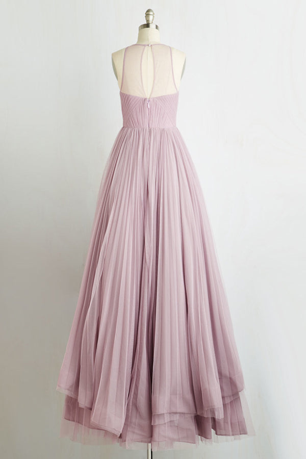 Pink A Line Floor Length Sheer Neck Sleeveless Sheer Back Long Prom Dresses