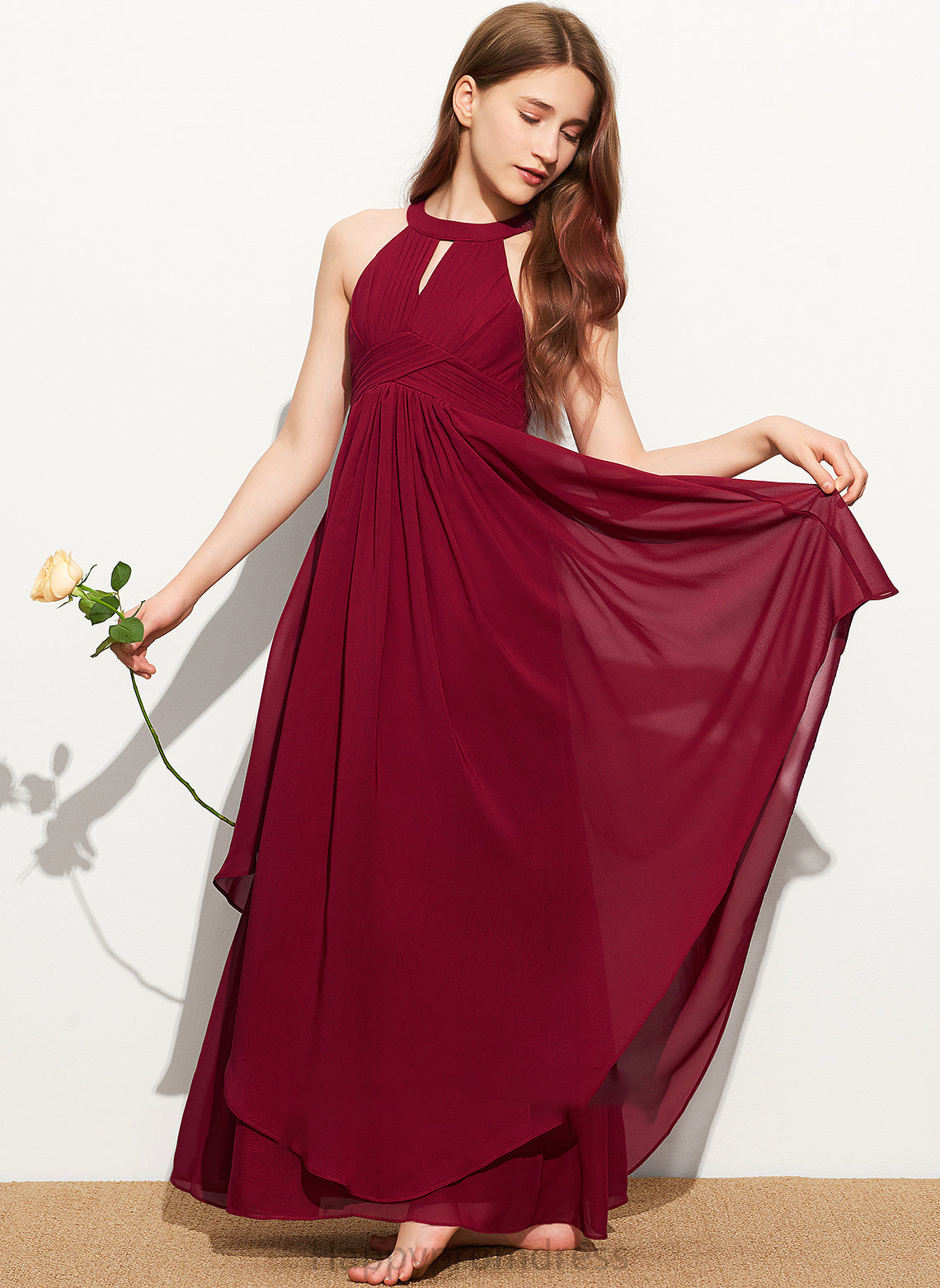 Ruffle Neck Floor-Length Junior Bridesmaid Dresses Marina Chiffon A-Line Scoop With