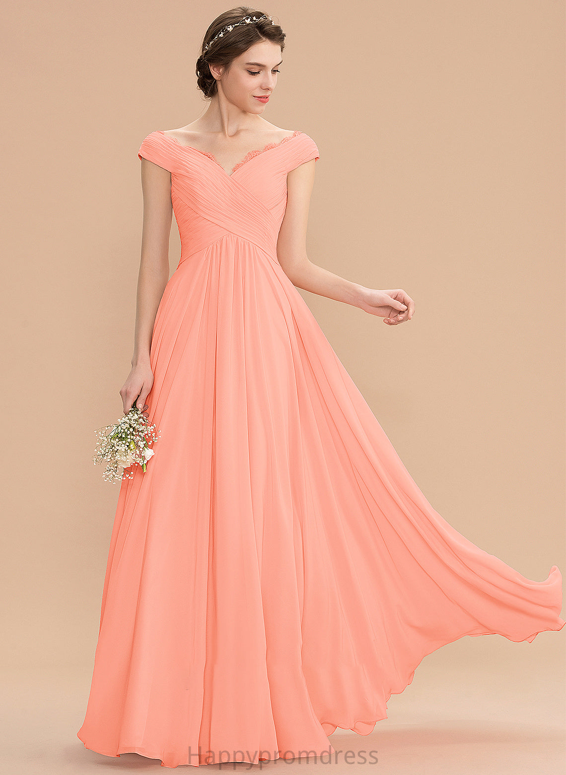 A-Line Off-the-Shoulder Floor-Length Fabric Embellishment Length Lace Silhouette Ruffle Neckline Willa Natural Waist Bridesmaid Dresses