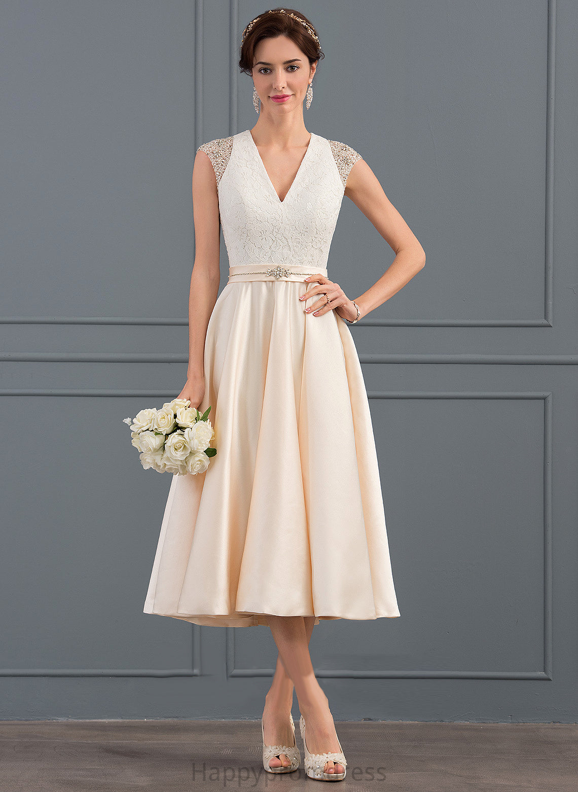 Tea-Length Kendra V-neck Wedding Beading With Wedding Dresses A-Line Sequins Satin Dress