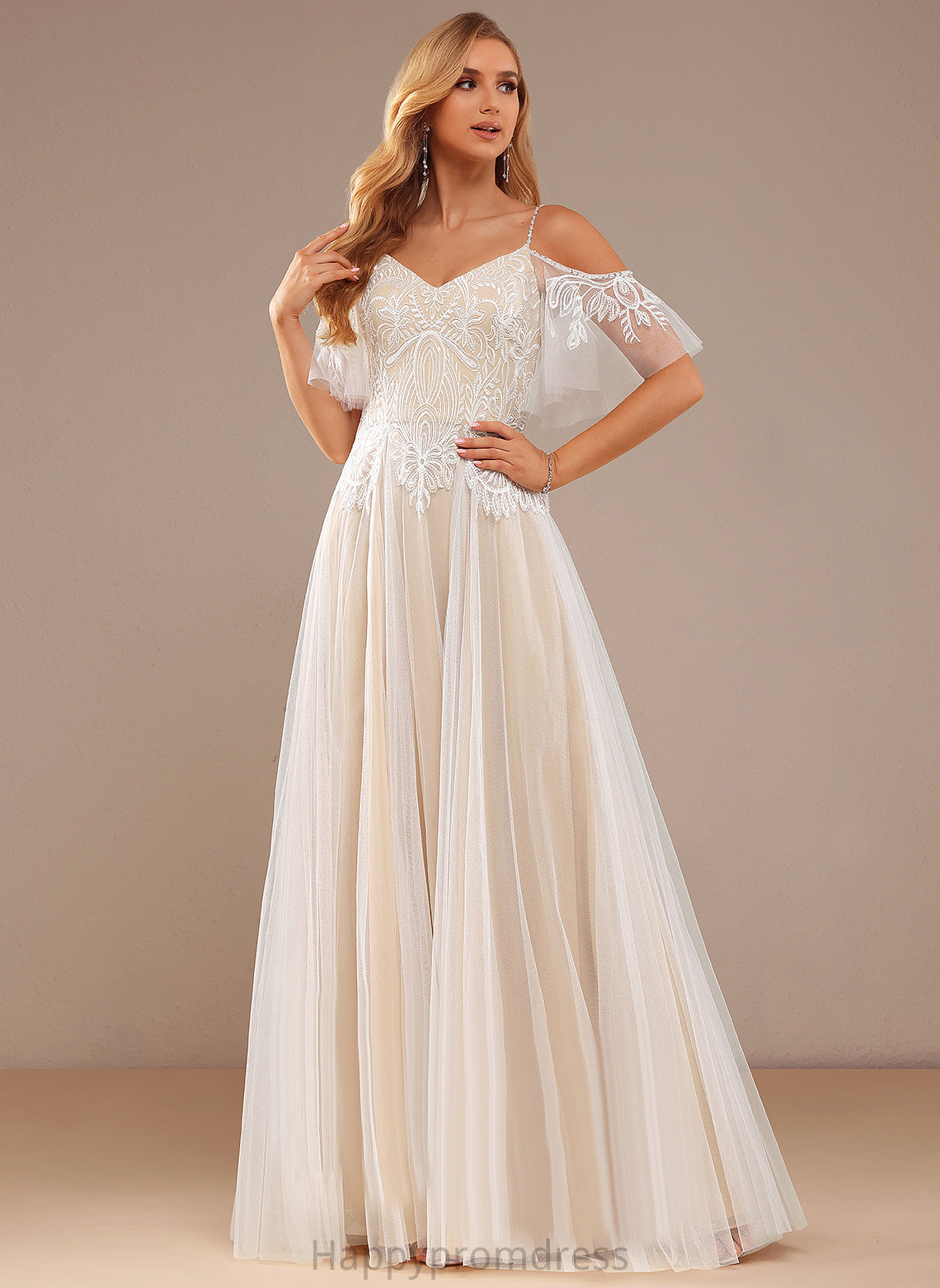 Yoselin Wedding Dresses A-Line Ruffle V-neck Beading With Lace Lace Dress Sequins Tulle Floor-Length Wedding