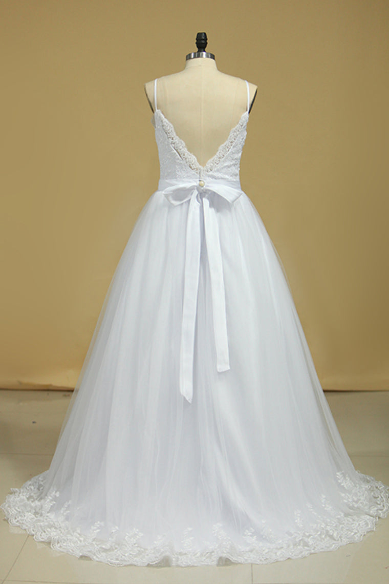 Wedding Dresses Spaghetti Straps Tulle With Applique And Sash