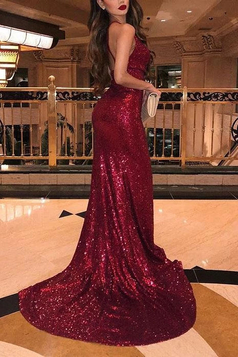 Mermaid V-Neck Burgundy Prom Dresses, Sequin Evening Dresses With Split