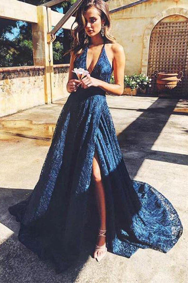 Spaghetti Straps V Neck Lace Prom Dresses with Split Side