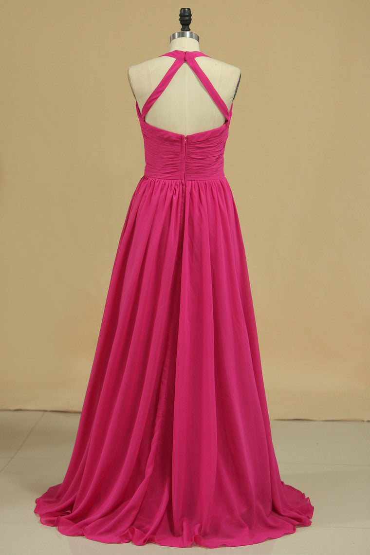 2024 Halter A Line Chiffon Bridesmaid Dresses Floor-Length With Ruffles