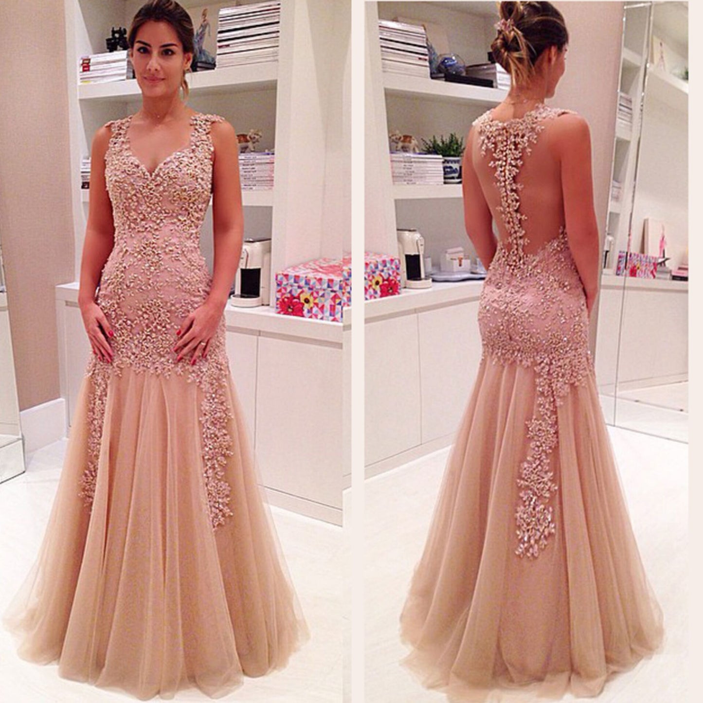 Elegant V Neck Tulle Sheer Back Appliques Floral Prom Dresses