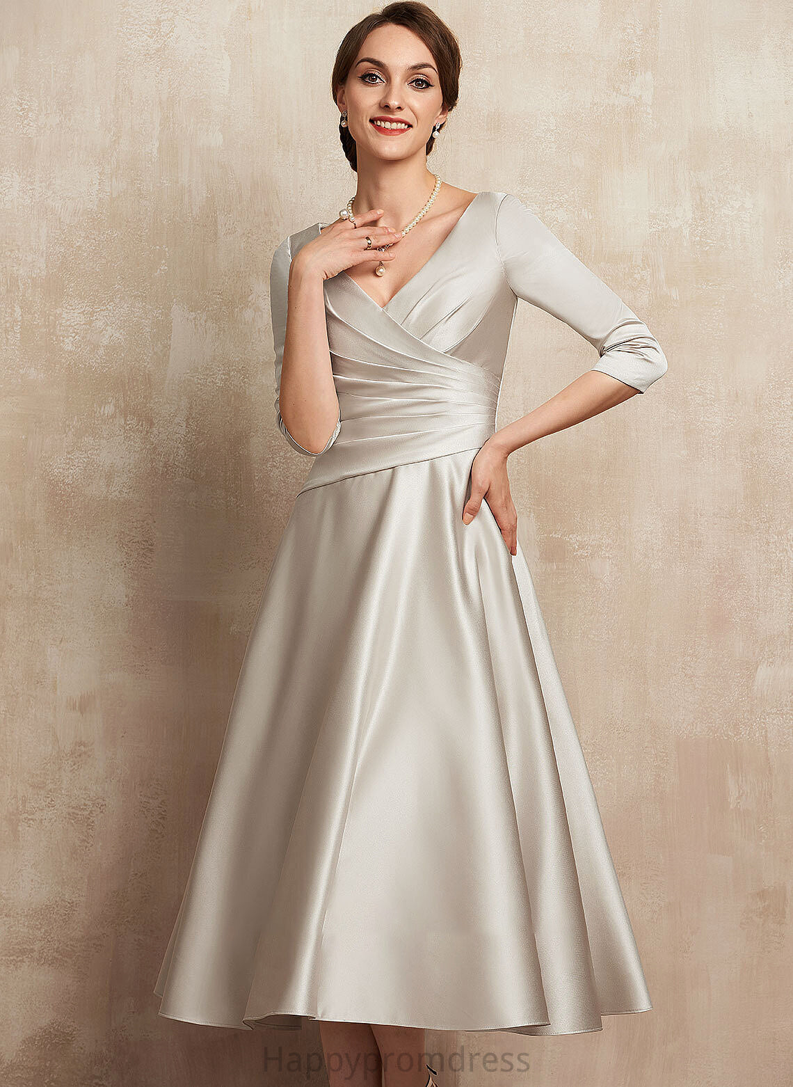 Bride Mother of the Bride Dresses Satin Mother Brenda A-Line With Ruffle Tea-Length V-neck Dress of the