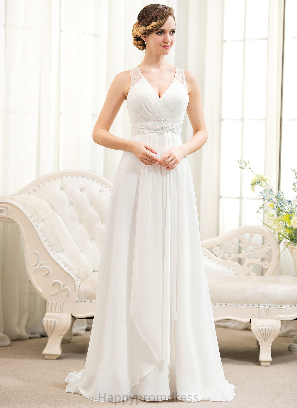 Train Sweep Wedding Dresses A-Line Ruffles Dress Beading Sequins Avah Chiffon V-neck Wedding With Tulle Cascading