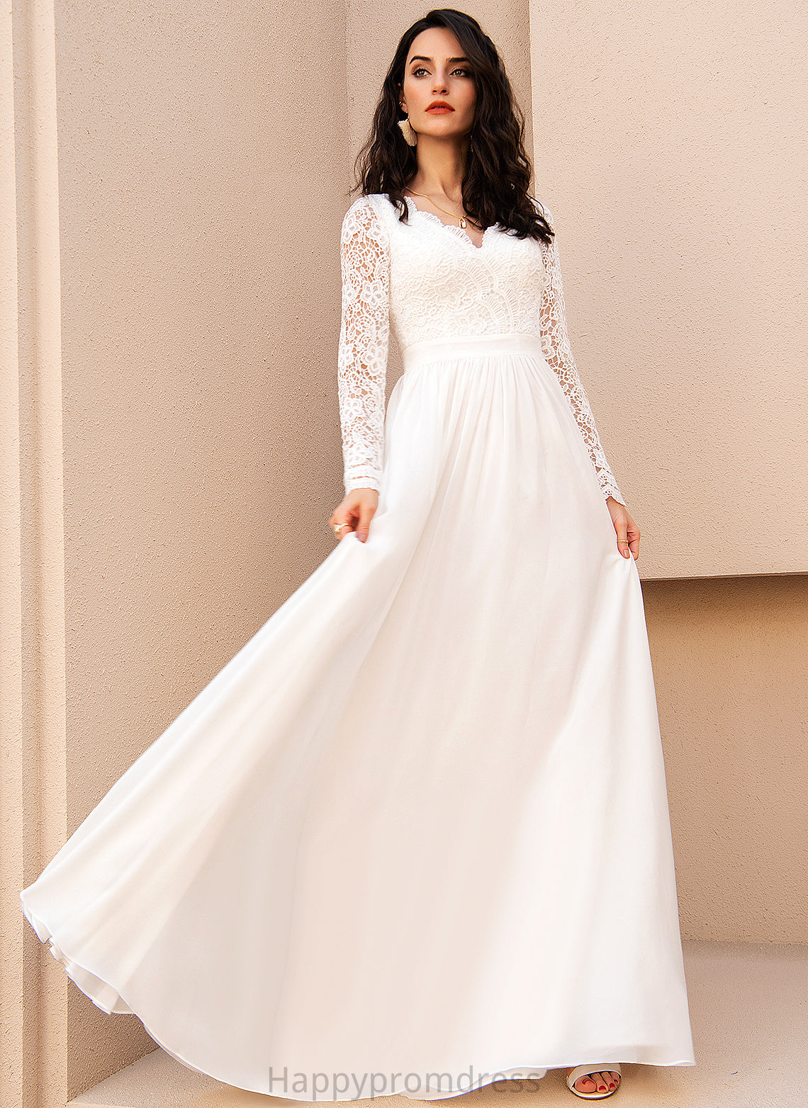 Wedding Dresses Lace Chiffon Lilian A-Line V-neck Floor-Length Wedding Dress