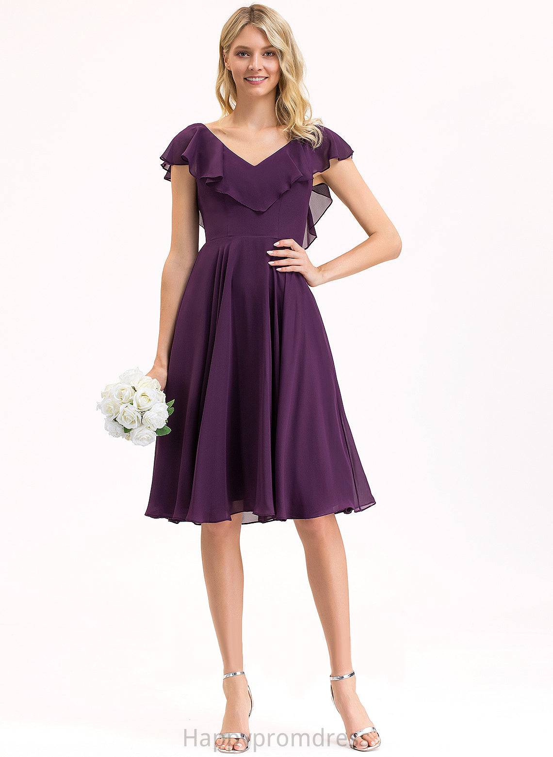 Chiffon With A-Line Mariah Ruffles Cocktail Cascading Knee-Length V-neck Dress Cocktail Dresses