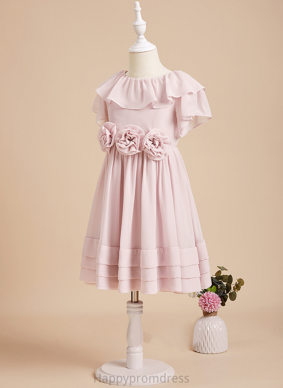 Neck Back With A-Line Scoop Dress Girl Ruffles/Flower(s)/V Knee-length Flower Flower Girl Dresses Sleeves - Kierra Chiffon Short