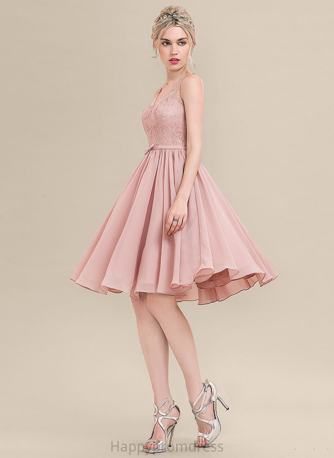 A-Line With Bow(s) Lace V-neck Knee-Length Janiah Dress Chiffon Cocktail Dresses Lace Cocktail