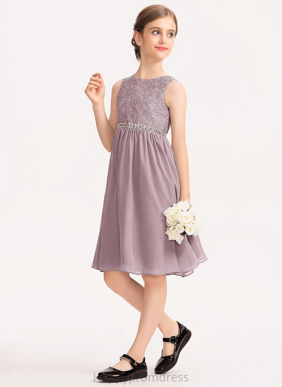 Bow(s) Lace Makenzie Knee-Length Junior Bridesmaid Dresses Neck With Scoop Chiffon Beading A-Line