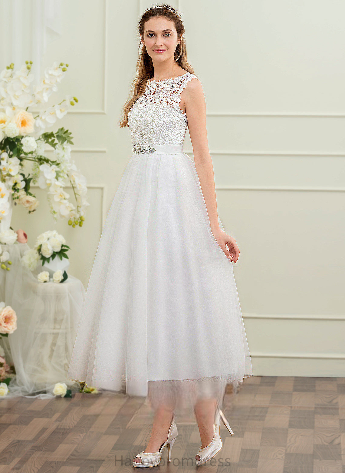 With Tulle Aleah Dress Neck Satin Sequins Ball-Gown/Princess Lace Tea-Length Beading Wedding Dresses Scoop Wedding