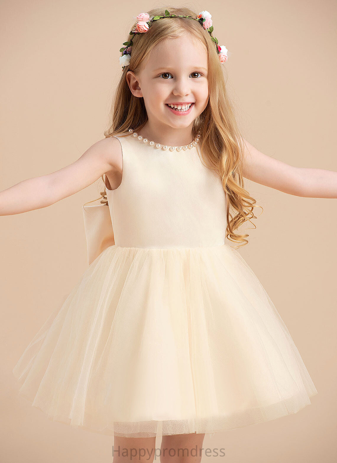 Girl Neck Satin/Tulle Flower A-Line Flower Girl Dresses Judith - With Scoop Dress Knee-length Beading Sleeveless