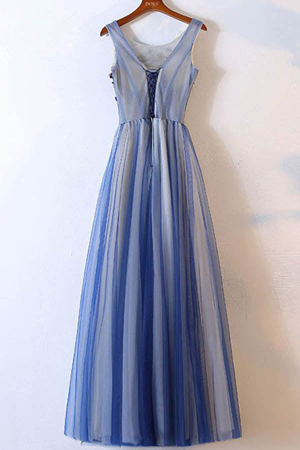 Blue Scoop Neck Sleeveless A Line Floor Length Beading Prom Dresses