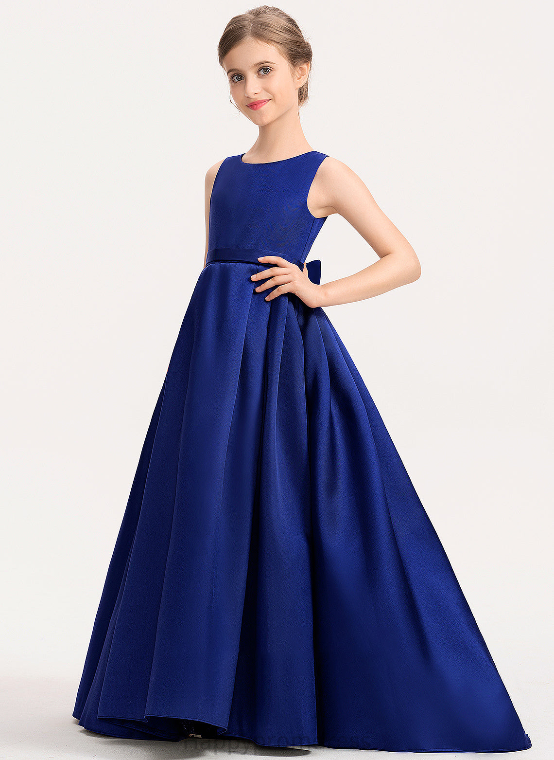 Monica With Train Sweep Junior Bridesmaid Dresses Bow(s) Satin Ball-Gown/Princess Neck Scoop