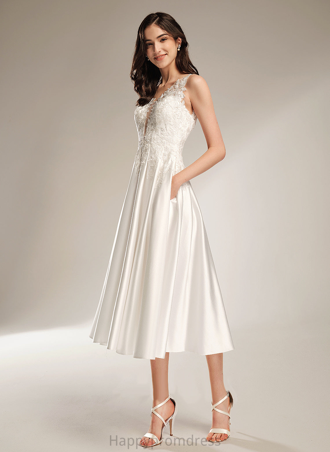 Wedding Dresses With Tea-Length Dress V-neck Wedding Satin Pockets A-Line Lace Jaycee