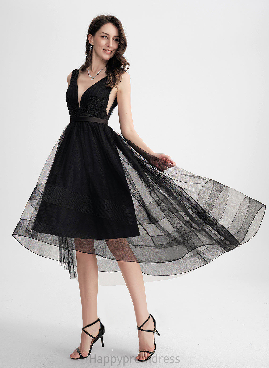 Cocktail Dresses Dress Sequins Asymmetrical Cocktail With V-neck Tulle Lace A-Line Irene