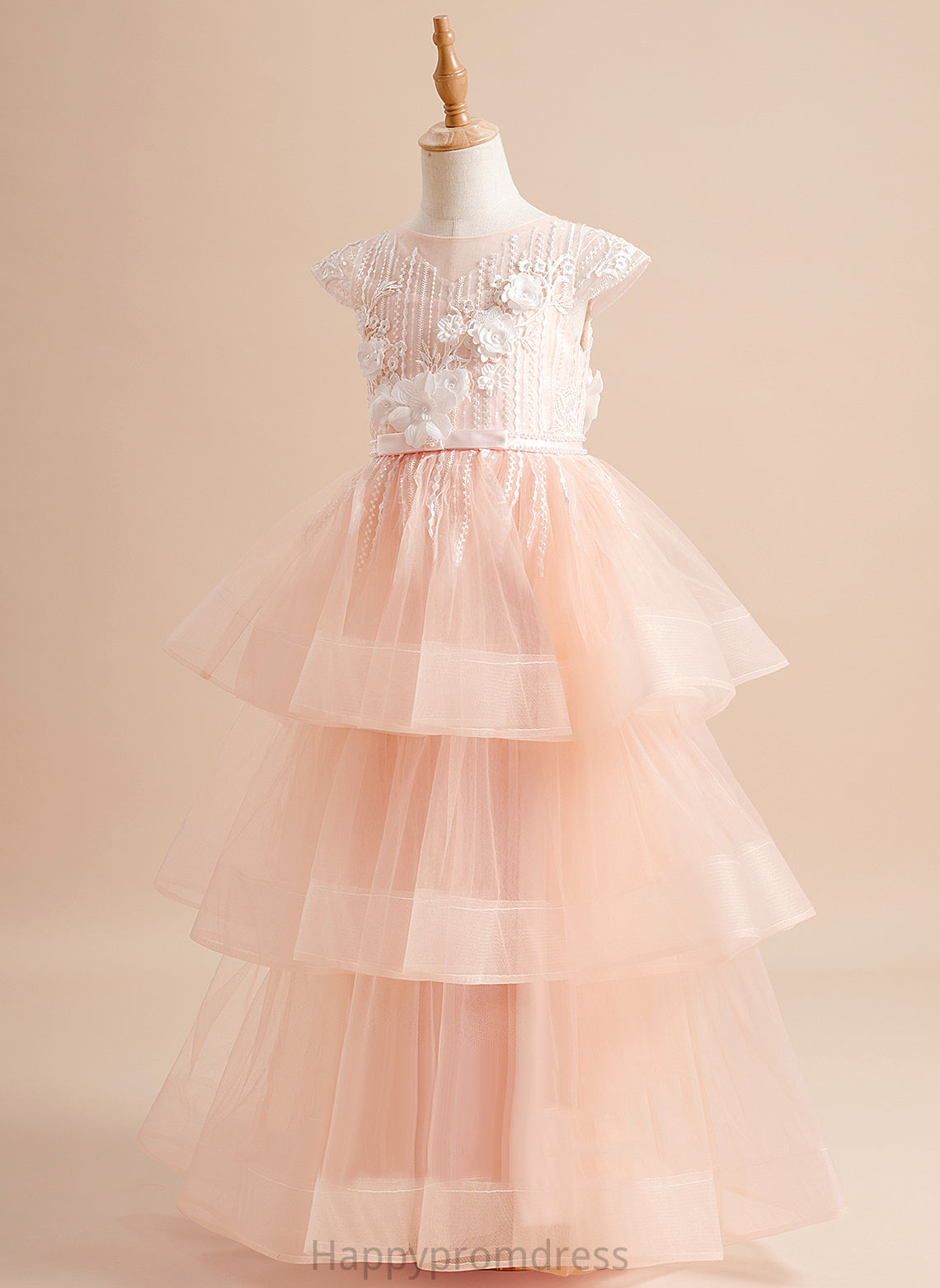 Tulle Sleeves Girl Dress - Hadassah Flower Girl Dresses Neck Short Scoop Ball-Gown/Princess With Floor-length Beading/Flower(s)/Bow(s) Flower