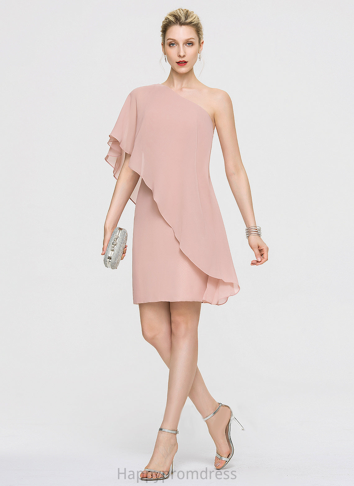 Knee-Length Cascading Sherlyn With Ruffles Sheath/Column One-Shoulder Dress Cocktail Chiffon Cocktail Dresses