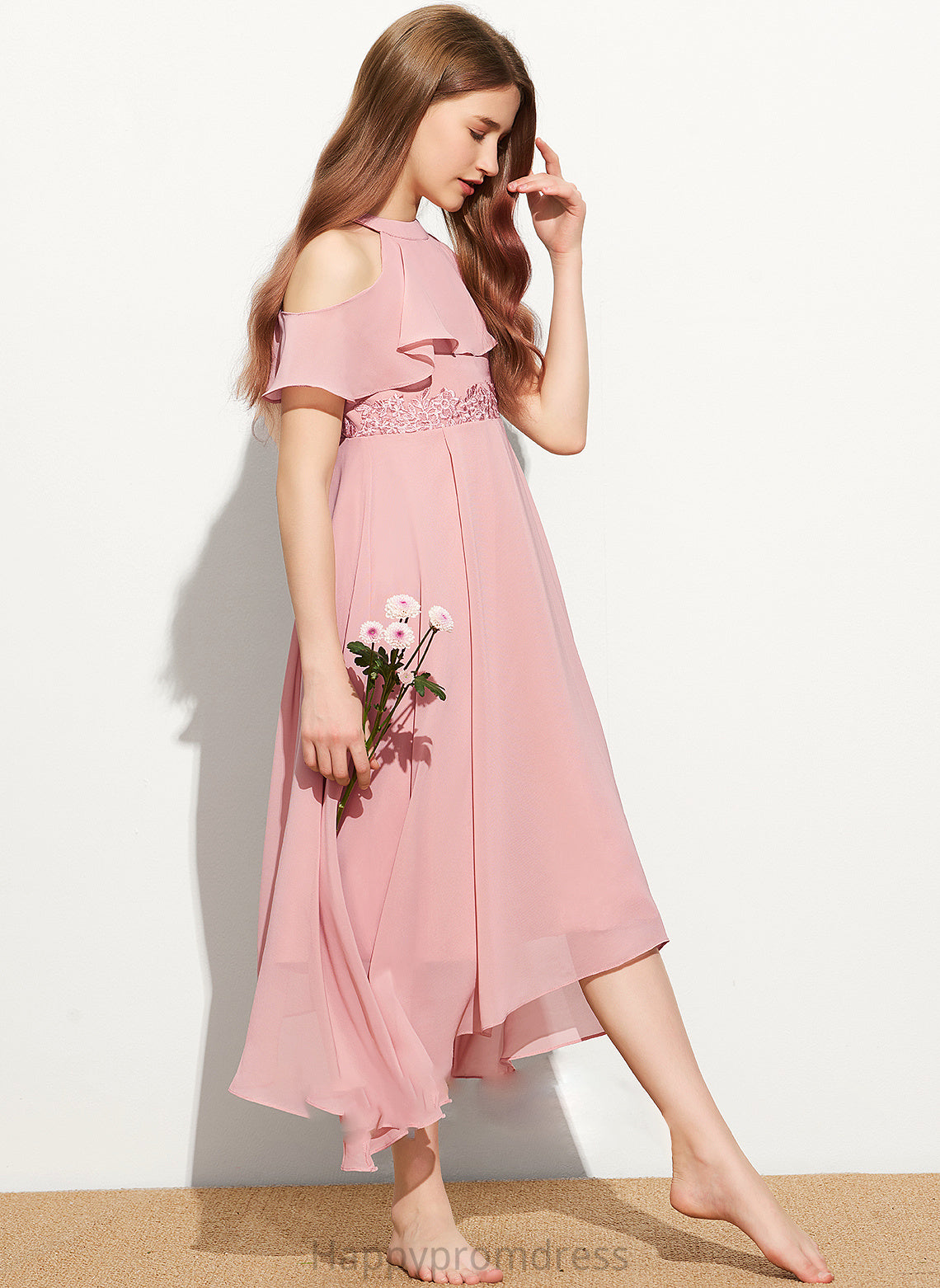 A-Line Junior Bridesmaid Dresses Scoop Tea-Length Lace Neck Chiffon Roberta