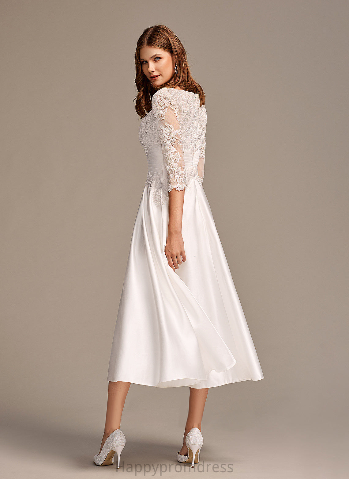 Wedding With Neck Tea-Length Lia Wedding Dresses Lace A-Line Dress Scoop Satin Pockets