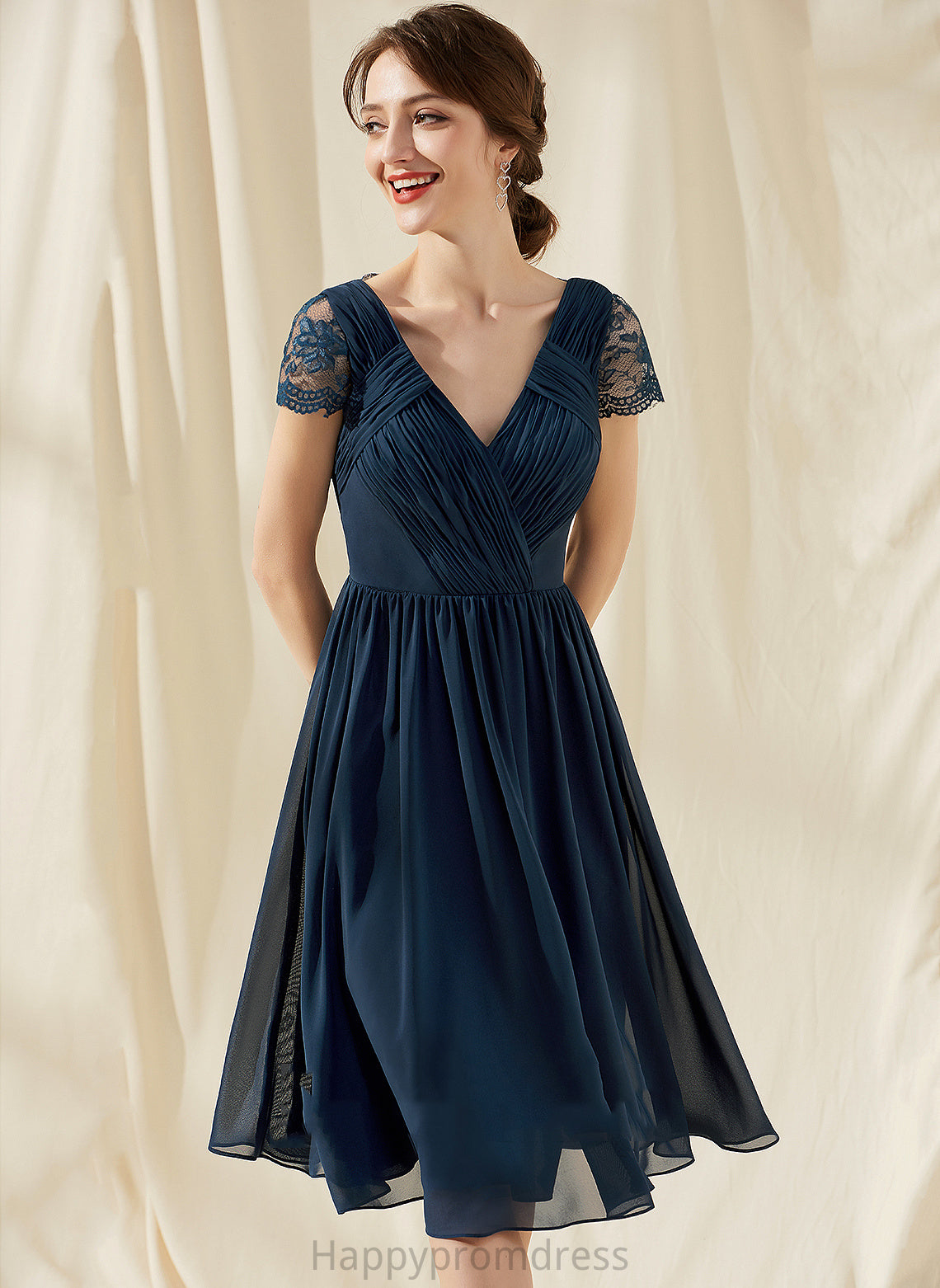 Knee-Length Lace Dress V-neck Homecoming Dresses Homecoming With Ruffle Kinsley A-Line Chiffon