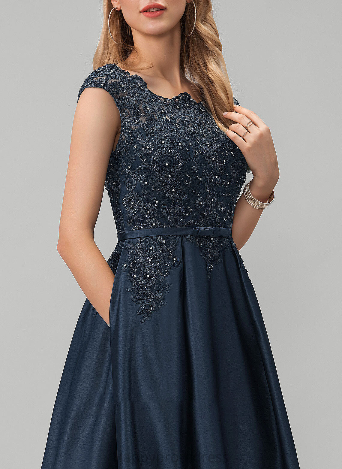 Prom Dresses Lace Journey With Bow(s) Pockets Sequins Beading Ball-Gown/Princess Neck Satin Scoop Floor-Length