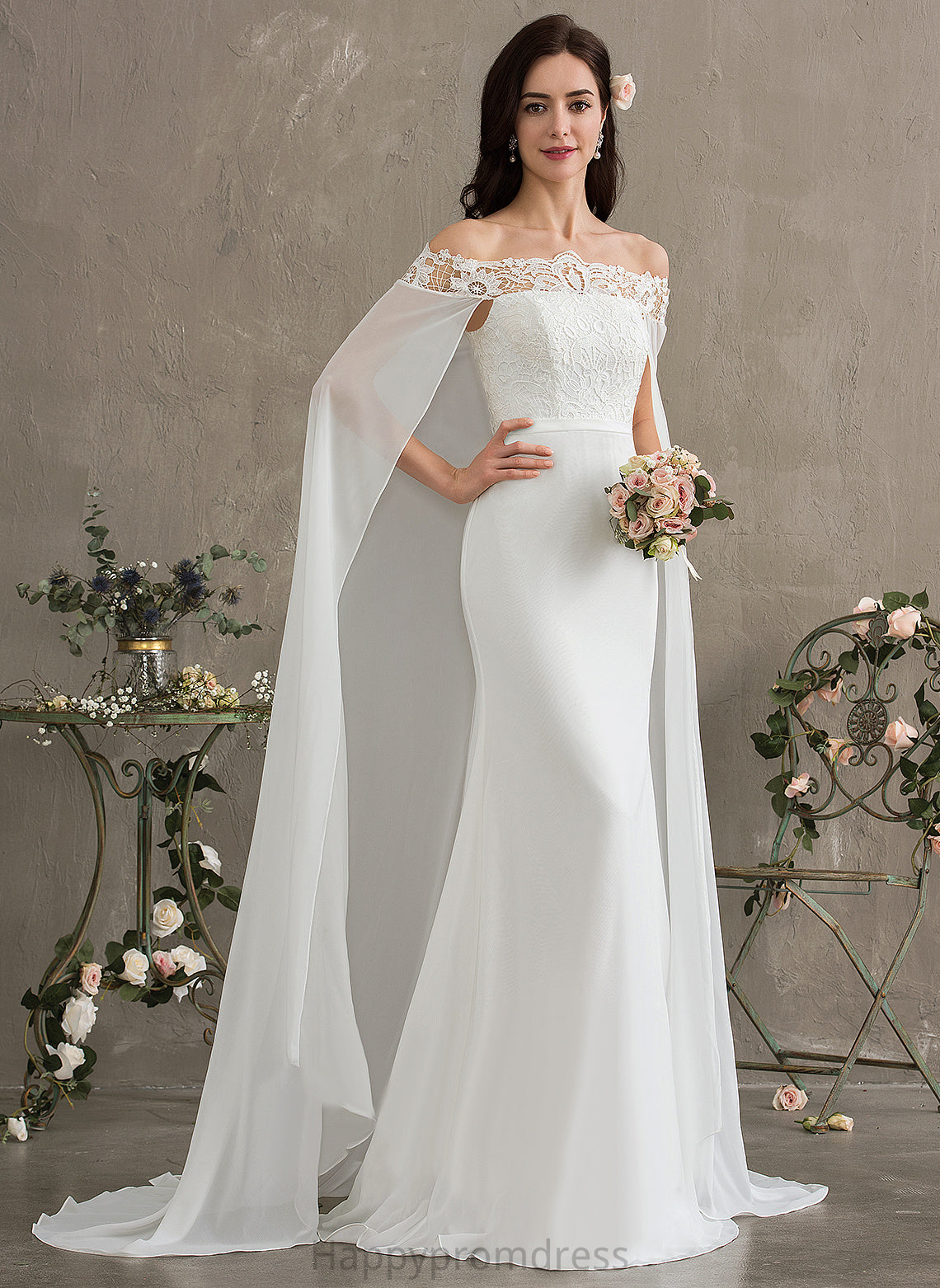 Wedding Dresses Off-the-Shoulder Sheath/Column Chiffon Lace Lace With Train Nathalia Dress Wedding Court