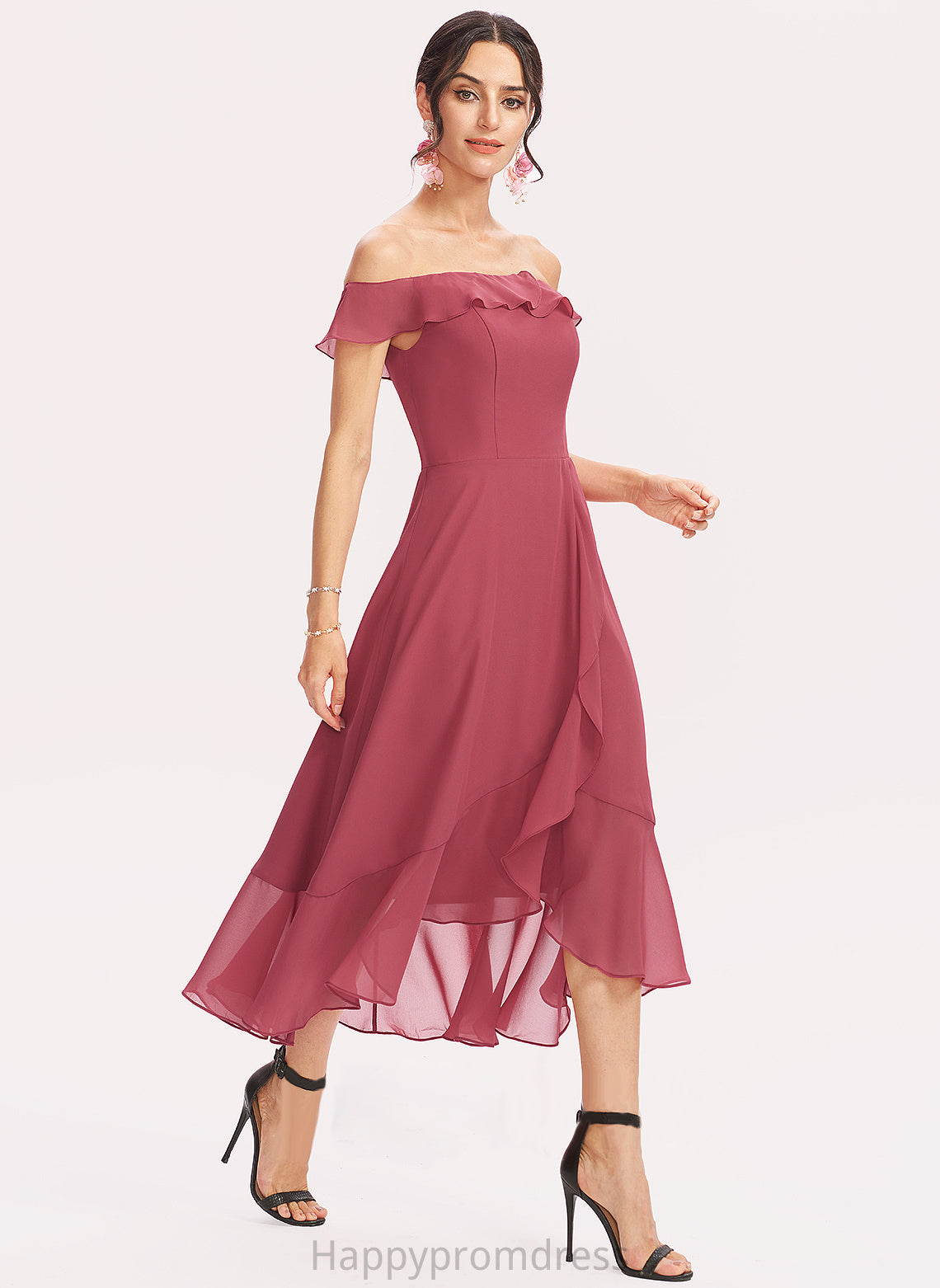 Off-the-Shoulder A-Line Tea-Length Cocktail Dresses Dress Chiffon Cascading Jane Ruffles Cocktail With