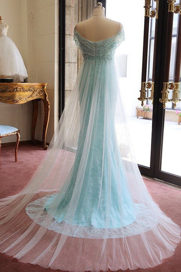 Blue A Line Court Train Off Shoulder Low Back Beading Long Prom Dresses