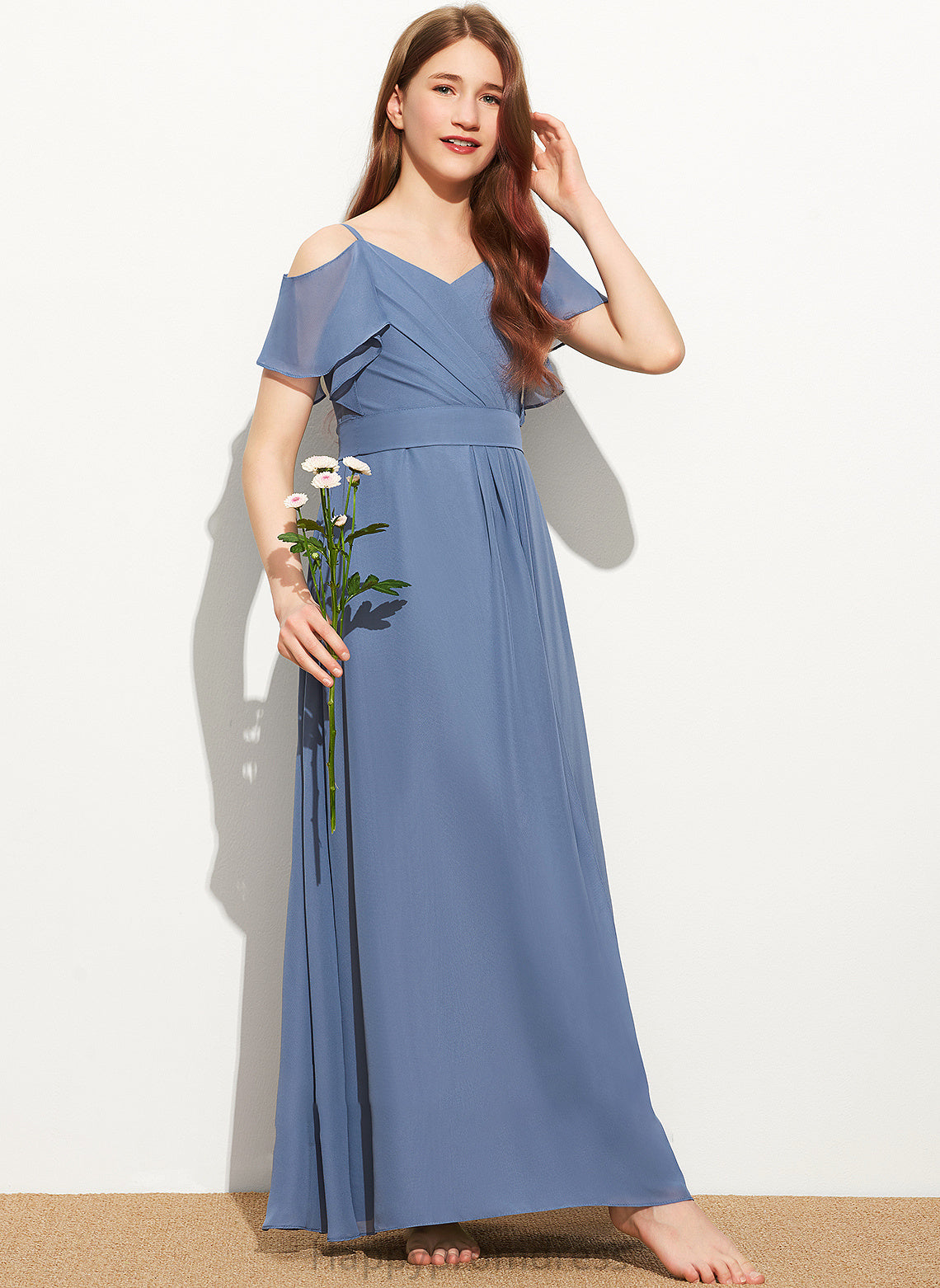 Chiffon Off-the-Shoulder Ruffle Floor-Length Junior Bridesmaid Dresses With A-Line Nataly Bow(s)