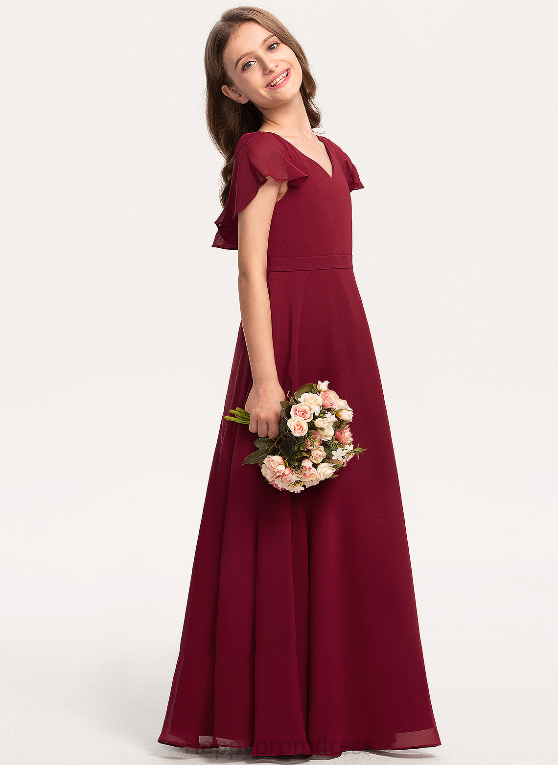 With Lea V-neck Junior Bridesmaid Dresses Cascading A-Line Floor-Length Chiffon Ruffles