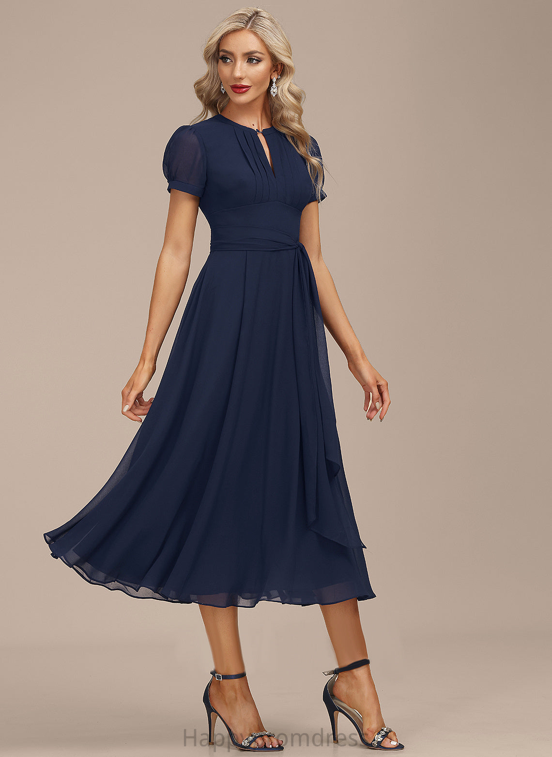 Scoop Cocktail Dresses Ruffle Chiffon Bethany A-Line Tea-Length Dress Neck With Cocktail