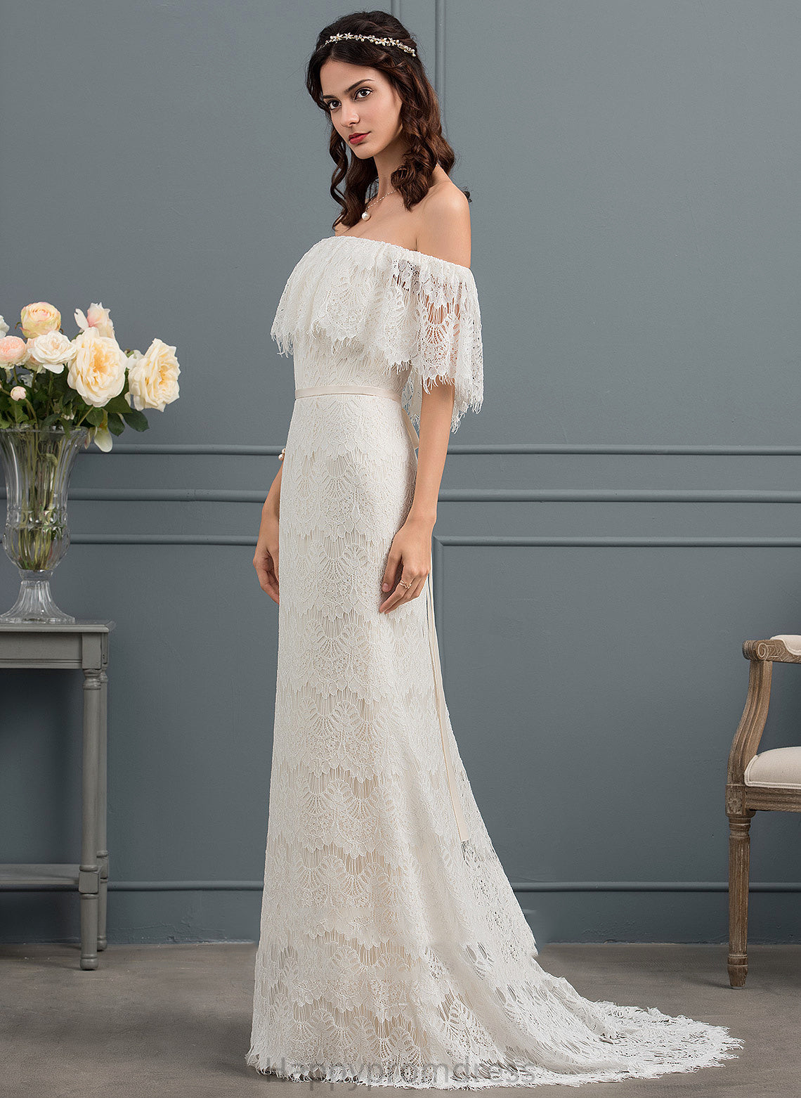 With Trumpet/Mermaid Sweep Dress Off-the-Shoulder Bow(s) Wedding Dresses Train Aria Wedding Lace