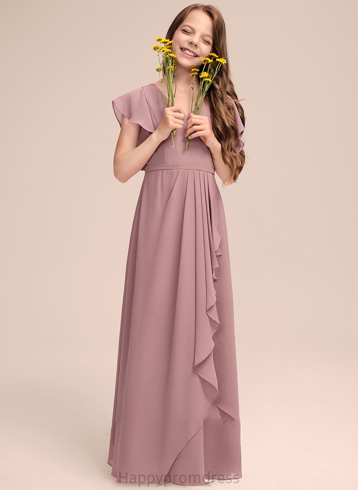 V-neck Liz With Junior Bridesmaid Dresses Chiffon Cascading Floor-Length Ruffles A-Line