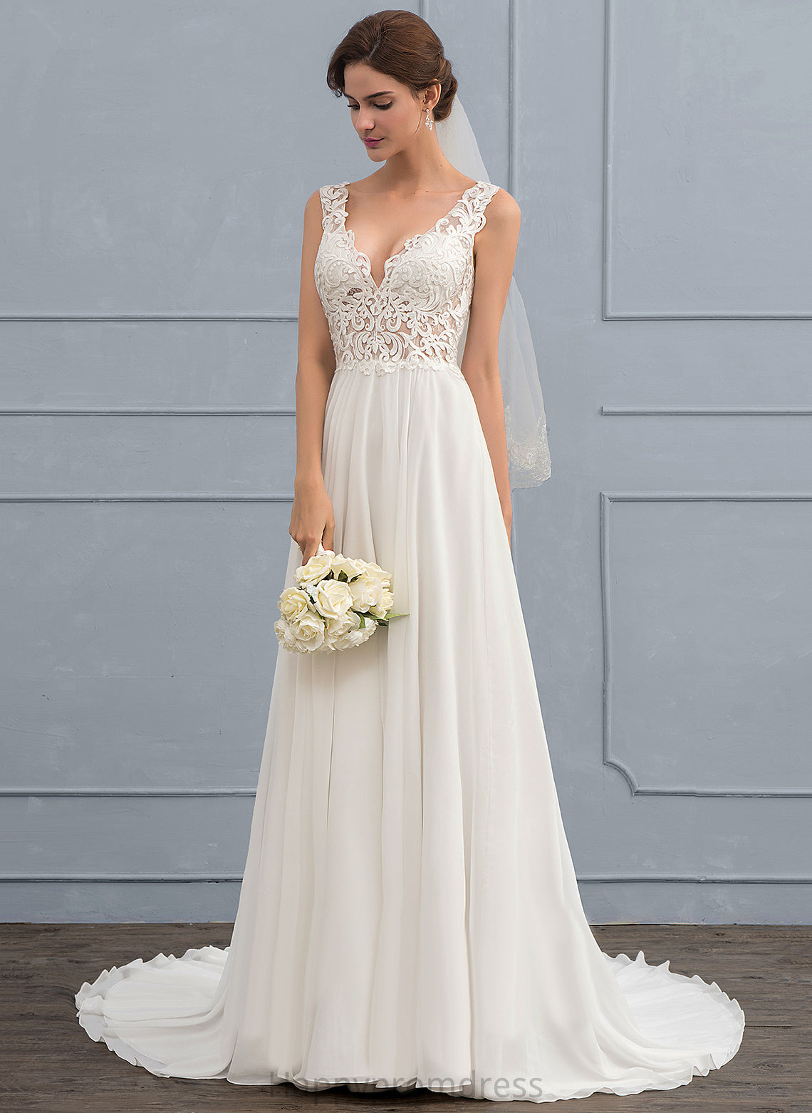 V-neck Train Chiffon Wedding Wedding Dresses Mackenzie Court Lace A-Line Dress