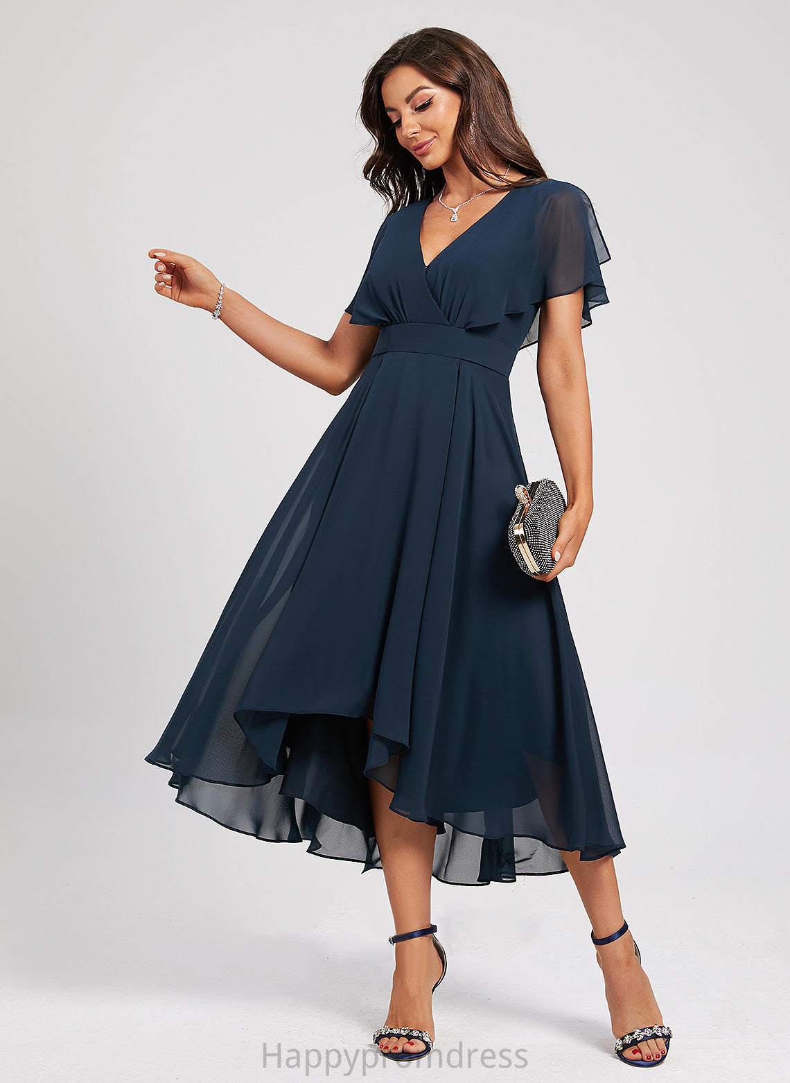 V-neck Cocktail Dresses Asymmetrical Cameron Chiffon With A-Line Sash Cocktail Dress