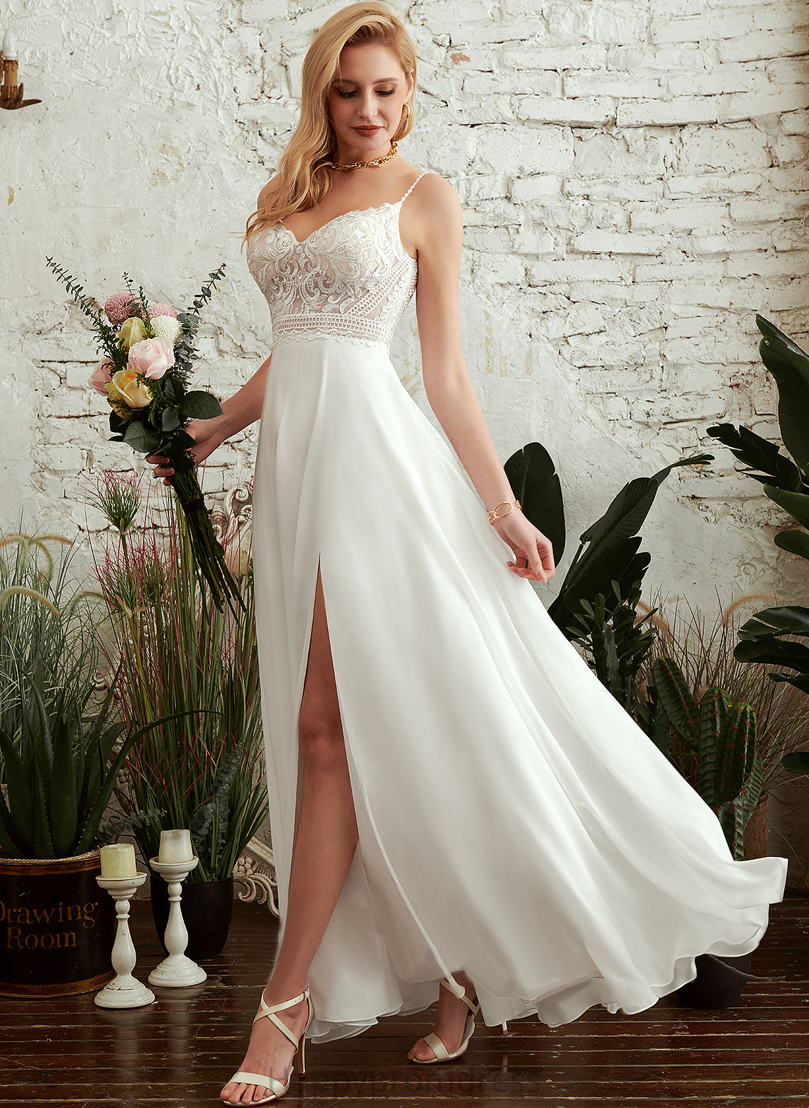 Wedding Floor-Length Dress Wedding Dresses A-Line Sara V-neck Chiffon Lace