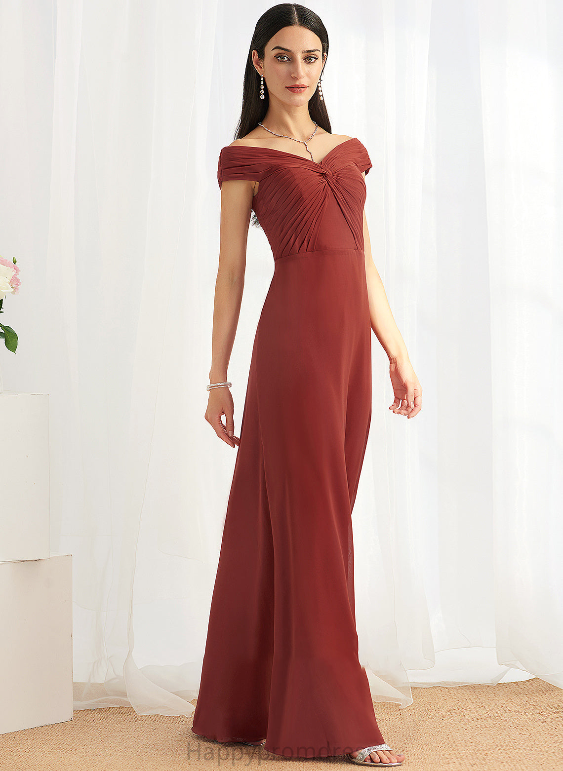 Floor-Length Silhouette Off-the-Shoulder Neckline Fabric Embellishment Ruffle Sheath/Column Length Stacy Scoop Natural Waist Bridesmaid Dresses