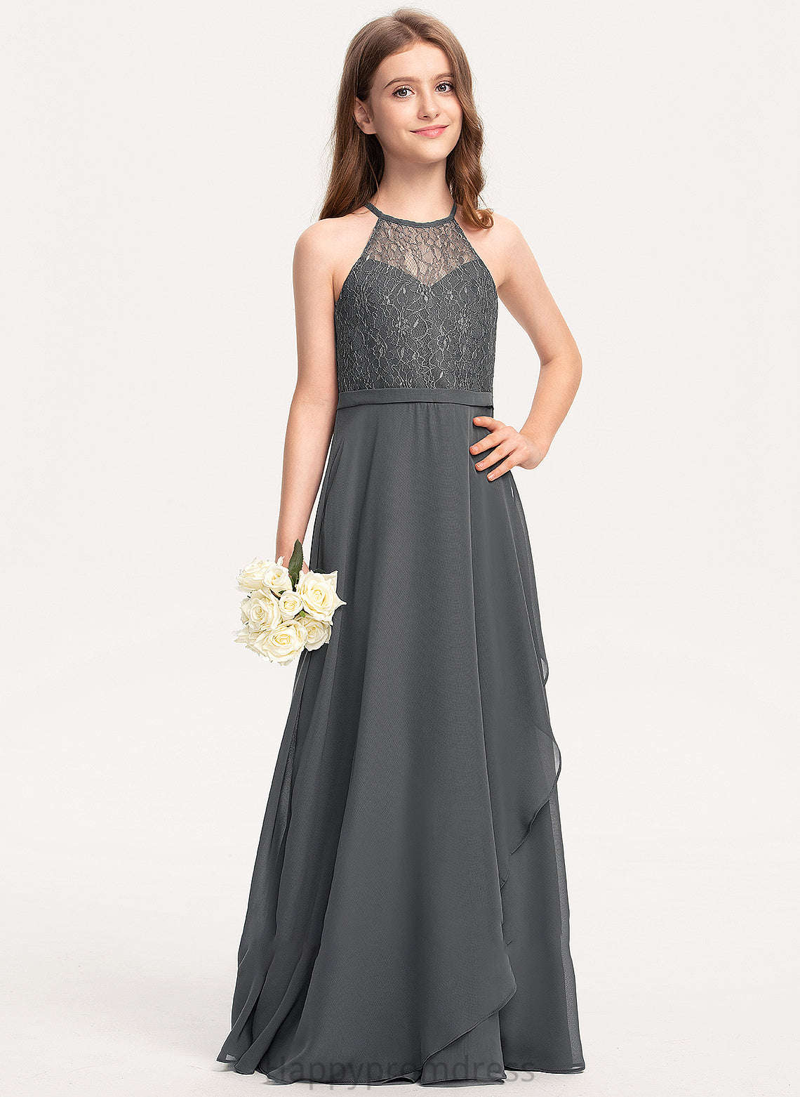 Scoop Mabel Floor-Length A-Line Junior Bridesmaid Dresses Lace With Neck Ruffles Cascading Chiffon