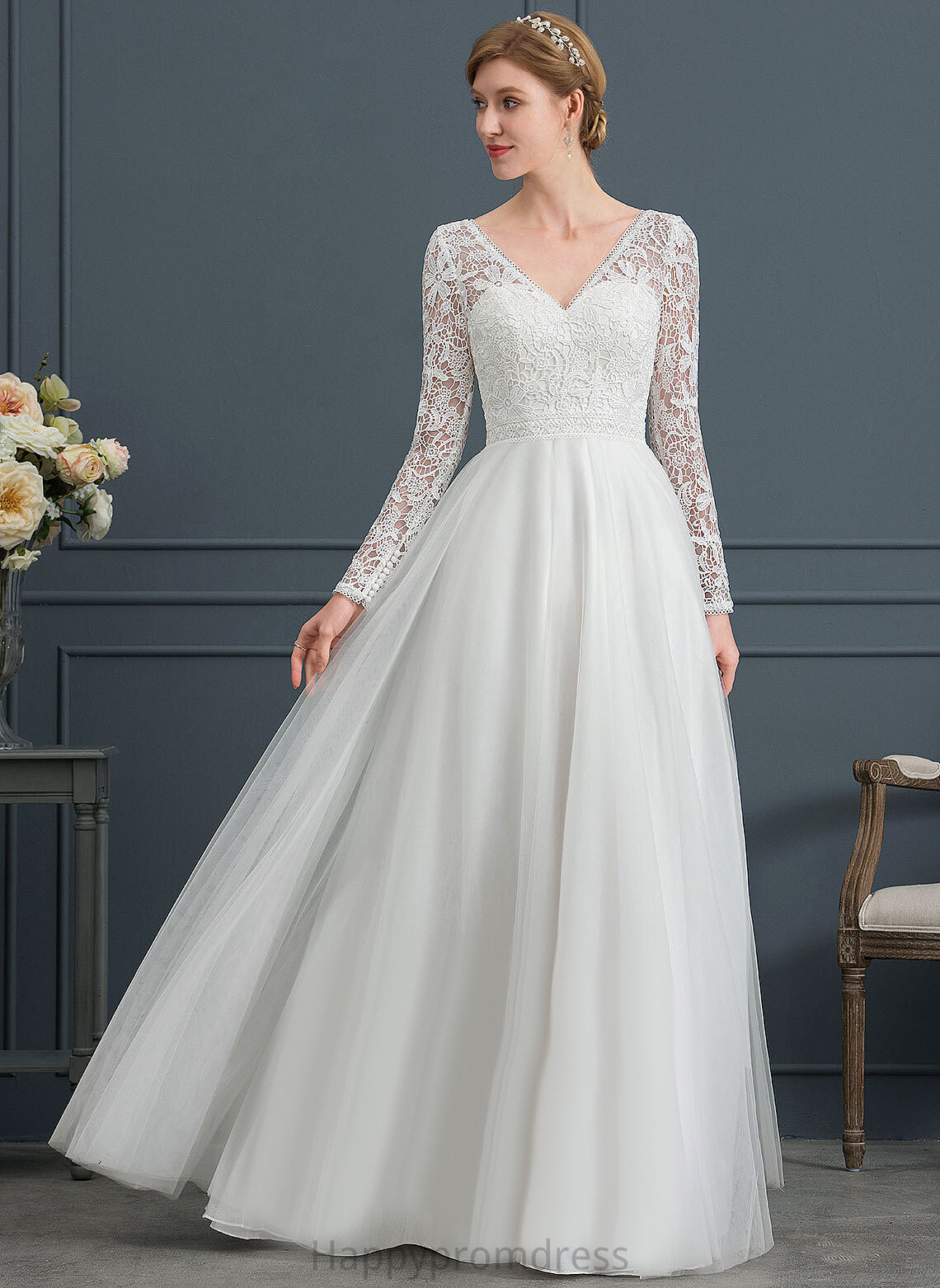 V-neck Wedding Dresses Floor-Length Lace Wedding Dress Ashlyn Tulle A-Line