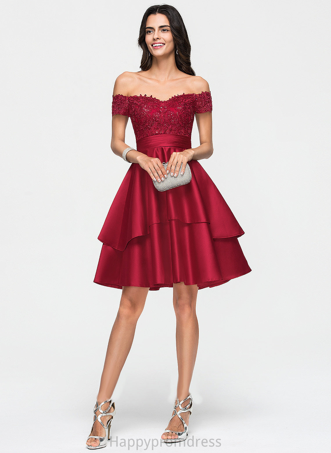 Allison Sequins Satin Knee-Length Off-the-Shoulder Lace Homecoming Dresses With Dress Homecoming A-Line