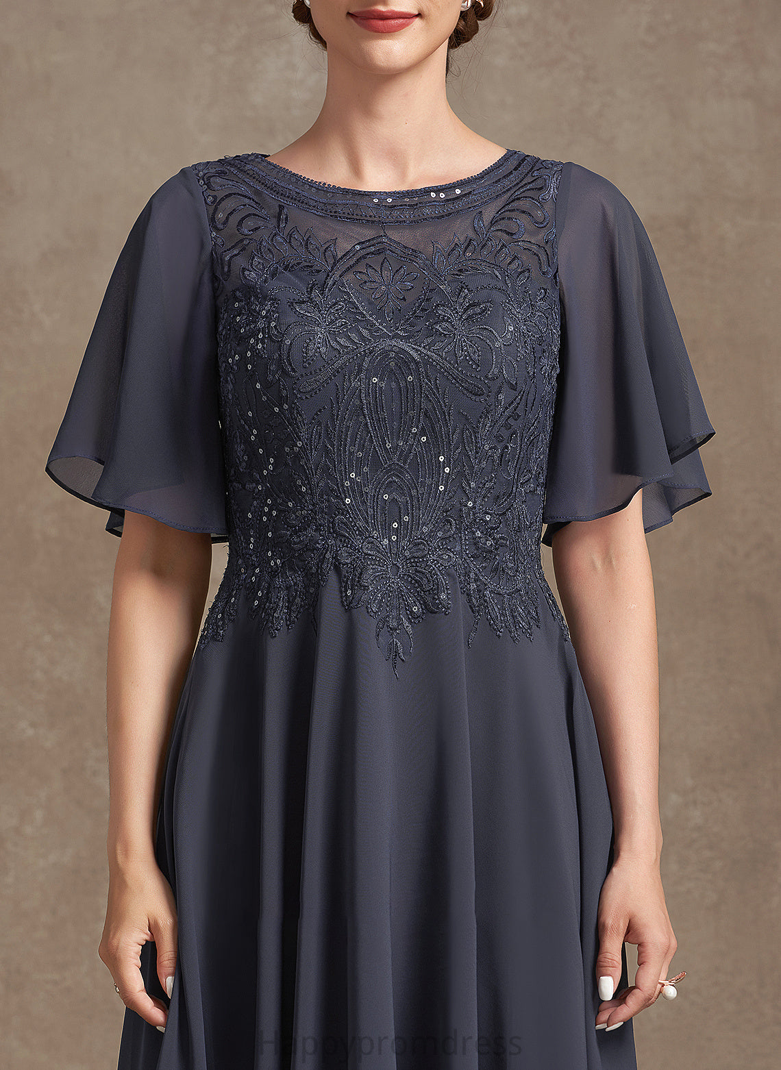 Scoop Chiffon of Bride A-Line Mother of the Bride Dresses Lace Tea-Length Dress Mother Marcia With Sequins the Neck