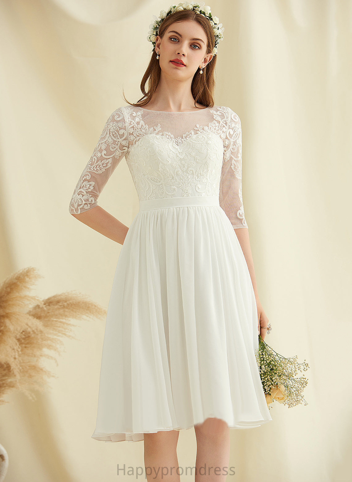 Wedding Dresses Sequins A-Line Lace With Chiffon Knee-Length Wedding Kaya Scoop Dress